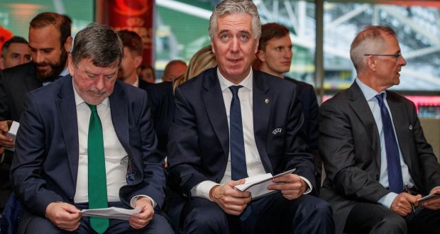 FAI president Donal Conway and executive vice-president John Delaney at the 2019 Uefa European Under-17 Championship Finals Draw at the  Aviva Stadium, Dublin, on April 4th.  Photograph: Ryan Byrne/Inpho