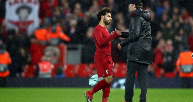 Liverpool forward Mohamed Salah and manager Jurgen Klopp celebrate after their 2-1 victory over Tottenham Hotspur at Anfield on March 31st. Photograph: Clive Brunskill/Getty Images