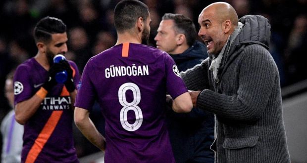 Manchester City’s head coach Pep Guardiola (right) gives instructions to  Ilkay Guendogan  during the UEFA Champions League quarter final first leg match between Tottenham Hotspur and Manchester City at Hotspur Stadium in London on April 9th. Photograph: Neil Hall/EPA