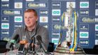Celtic manager Neil Lennon prior to him asking for the  Scottish Cup trophy to be removed during a press conference at Lennoxtown ahead of the semi-final against Aberdeen at Hampden Park. Photograph:  Steve Welsh/William Hill/PA Wire