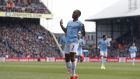 Raheem Sterling celebrates after scoring Manchester City’s second against Crystal Palace. Photograph: Adrian Dennis/AFP/Getty