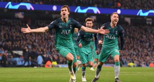 Fernando Llorente of Tottenham Hotspur celebrates after scoring his team’s third goal during the  Champions League quarter-final second leg against Manchester City at the Etihad Stadium. Photograph:  Laurence Griffiths/Getty Images