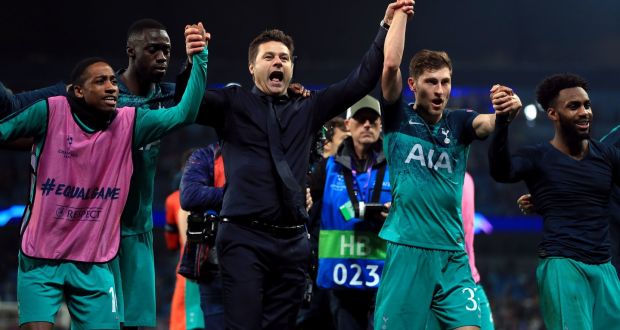 Tottenham Hotspur’s Kyle Walker-Peters, manager Mauricio Pochettino, Ben Davies and Danny Rose celebrate after the Champions League quarter-final second leg against Manchester City   at the Etihad Stadium. Photograph:  Mike Egerton/PA Wire