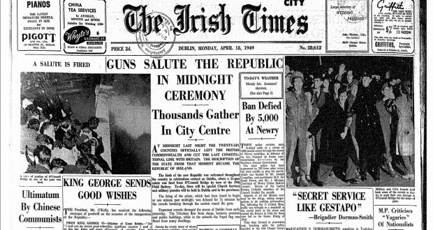 The front page of The Irish Times on April 18th, 1949