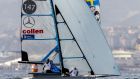 Annalise Murphy and Katie Tingle competing at this week’s Genoa Hempel World Cup Series in the 49erFX class. Photograph: Pedro Martinez/Sailing Energy
