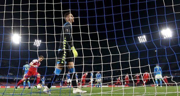 Napoli goalkeeper Alex Meret reacts after Arsenal’s Alexandre Lacazette scores his goal. Photograph: Steven Paston/PA Wire