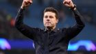 Mauricio Pochettino celebrates after the Uefa  Champions League quarter-final second leg  between Manchester City and Tottenham Hotspur at the Etihad Stadium in Manchester, England. Photograph: Laurence Griffiths/Getty Images