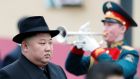 North Korean leader Kim Jong-un attends a welcome ceremony as he arrives at the railway station in the Russian far-eastern city of Vladivostok on Wednesday. Photograph: Shamil Zhumatov/Reuters