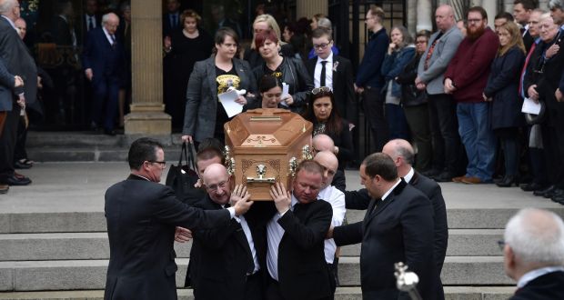 The coffin of journalist Lyra McKee is removed after her funeral at St Anne’s Cathedral in Belfast. Photograph: Charles McQuillan/Getty Images