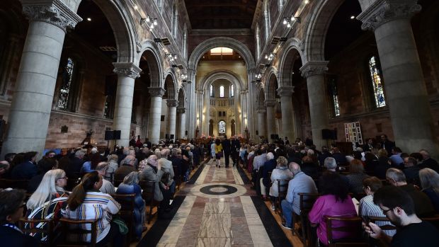 The congregation at the funeral service of journalist Lyra McKee at St Anne’s Cathedral in Belfast. Photograph: Charles McQuillan/Getty Images