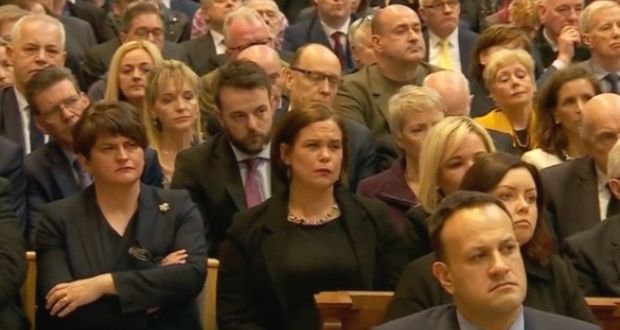 Political leaders including Arlene Foster, Mary Lou McDonald and Michelle O’Neill listen to Fr Martin McGill’s homily