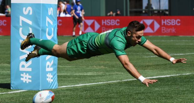Ireland’s Greg O’Shea  after scoring a try against Australia in 2018. ‘The fitness level required for Sevens is insane.’ Photograph: Mark Ralston/AFP/Getty Images