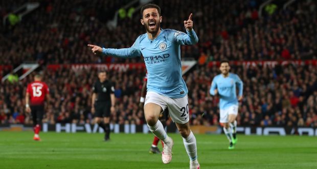 Bernardo Silva of Manchester City celebrates after scoring his team’s first goal during the Premier League win over Manchester United. Photo: Catherine Ivill/Getty Images