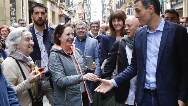 Spanish prime minister and candidate for re-election Pedro Sanchez greets people in San Sebastian, Basque Country, Spain. Photograph: Juan Herrero