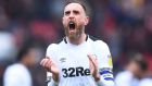  Richard Keogh of Derby County celebrates during the  Championship match against  Bristol City  at Ashton Gate. Photograph: Nathan Stirk/Getty Images
