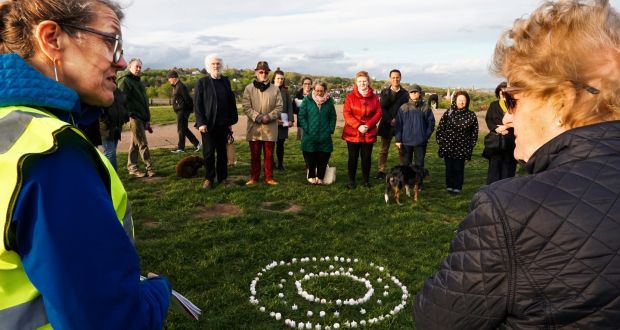 Vigil organiser Nuala Flynn (left) with other participants at a memorial event on Hampstead Heath for Peter Tyrell, who suffered  years of  abuse at Letterfrack industrial school. Photograph: Joanne O’Brien