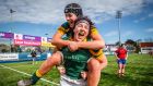 Railway Union’s Daisy Earle and Lindsay Peat celebrate their side’s AIL title win. Photograph: Oisin Keniry/Inpho
