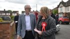 Labour leader Jeremy Corbyn with parliamentary candidate Lisa Forbes  campaigning in Peterborough ahead of next week’s local elections.  Photograph: Joe Giddens/PA Wire