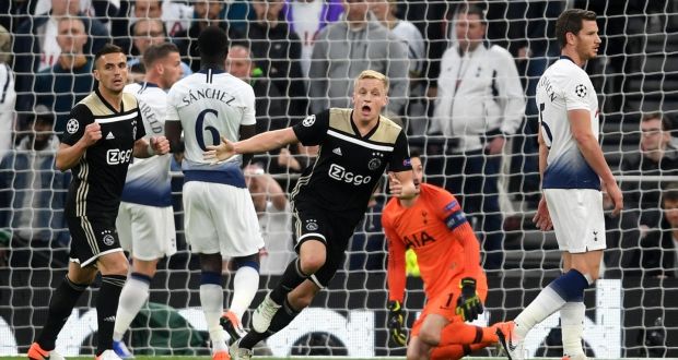 Donny van de Beek of Ajax celebrates as he scores his team’s first goal during the Uefa Champions League semi-final first leg match against Tottenham Hotspur. Photo: Laurence Griffiths/Getty Images