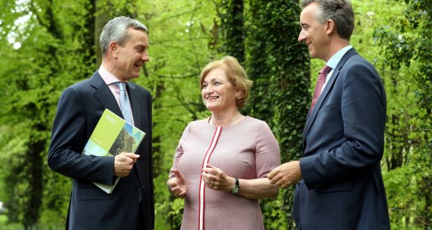 At Coillte’s results announcement were acting chief executive Gerry Britchfield (left), chairwoman Bernie Gray,  and Fergal Leamy, outgoing chief executive. Photograph: Jason Clarke