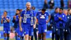 Aron Gunnarsson thanks to home fans at Cardiff City Stadium after his team’s defeat to Crystal Palace. Photograph: PA
