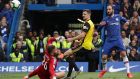  Gonzalo Higuain  scores Chelsea’s third goal during the Premier League match against  Watford  at Stamford Bridge. Photograph: Richard Heathcote/Getty Images