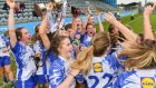  Waterford players celebrate with the Division Two cup at Parnell Park in Dublin. Photograph: Sportsfile