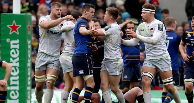 Leinster’s Johnny Sexton and Saracens’ Owen Farrell in  a scuffle during last year’s  Champions Cup quarter-final at the Aviva  Stadium. Photograph: Tommy Dickson/Inpho 