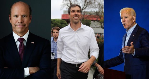 US Democrats John Delaney, Beto O’Rourke and Joe Biden who all aim to be the party’s presidential candidate next year. Photographs: Christopher Goodney, Lucy Nicholson, Joe Buglewicz/Bloomberg, Reuters