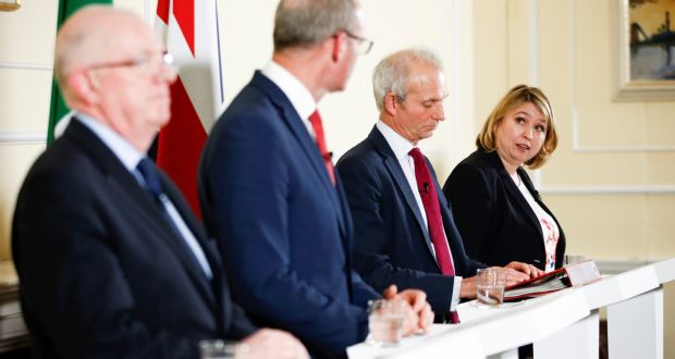 Minister for Foreign Affairs Charlie Flanagan, Tánaiste Simon Coveney, Britain’s minister for the cabinet office David Lidington, and  secretary of state for Northern Ireland Karen Bradley during a press conference in London at the signing of the Common Travel Area deal. Photograph: Reuters/Henry Nicholls
