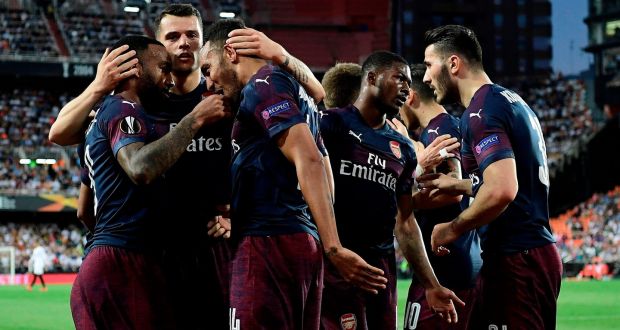 Pierre-Emerick Aubameyang celebrates a goal with his Arsenal teammates at the Mestalla stadium in Valencia. Photograph: Getty Images