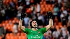 Arsenal’s Czech goalkeeper Petr Cech celebrates at the end of the match at the Mestalla stadium in Valencia. Photograph: Getty Images