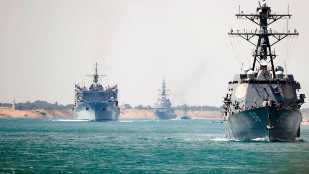 The carrier Abraham Lincoln, deployed by the Trump administration to the Middle East as a warning to Iran, passed through Egypt’s Suez Canal on Thursday. Photograph: Getty Images