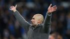   Manchester City manager Pep Guardiola greets supporters after beating Leicester City at the Etihad Stadium. Photograph: EPA