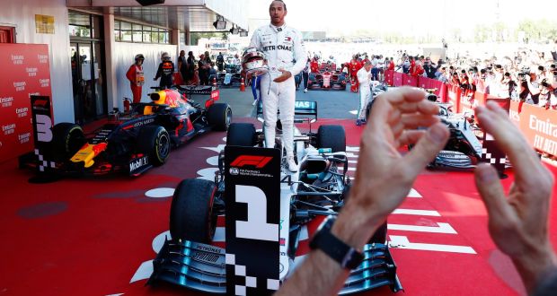 Lewis Hamilton celebrates his victory in the Spanish Grand Prix. Photograph: Juan Medina/Reuters