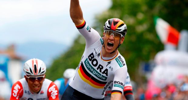 Team Bora rider Germany’s Pascal Ackermann as he finishes first in the second stage of the  Giro d’Italia. Photograph:  Luk Benies/AFP/Getty 