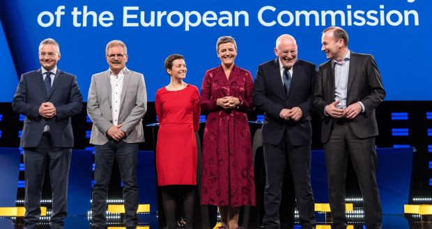 Candidates to succeed Jean Claude Juncker as European Commission president gather before their debate at the European Parliament in Brussels on Wednesday. (From left) Jan Zahradil, Nico Cué, Ska Keller, Margrethe Vestager, Frans Timmermans and Manfred Weber. Photograph: Geert Vanden Wijngaert/Bloomberg
