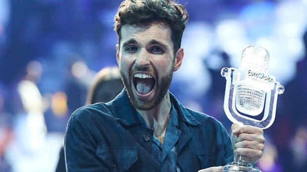 Duncan Laurence of The Netherlands with the winning trophy. Photograph: Guy Prives/Getty Images