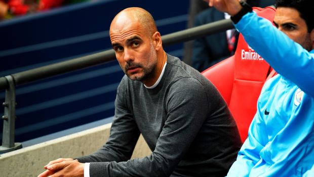 Pep Guardiola  at Wembley Stadium on Saturday.  Pep looked less like a happy football coach watching his side make history and more like an anguished scientist whose prototype civil defence robot has just run amok at a trade show. Photograph: Neil Hall/EPA 