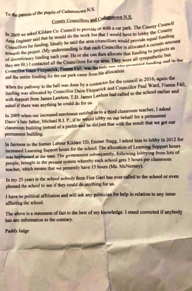 Letter send to parents of children at Cadamstown National School, Co Wexford. Photograph: Alan Kinsella/Twitter