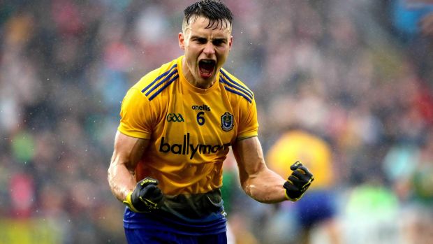 Roscommon’s Conor Hussey celebrates at the final whistle of the Connacht SFC semi-final victory over Mayo at MacHale Park in Castlebar. Photograph: Ryan Byrne/Inpho