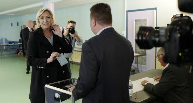  Marine Le Pen, leader of the French far-right party Rassemblement National,  casting her vote during the European elections in Henin Beaumont, northern France. Photograph:  EPA/Thibault Vandermersch