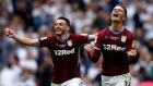 Aston Villa’s  Jack Grealish and  John McGinn celebrate after winning the  Championship playoff final against  Derby County at Wembley Stadium. Photograph:  Adrian Dennis/AFP/Getty Images