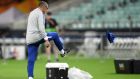Chelsea manager  Maurizio Sarri kicks his hat away in  frustration during his side’s final training session ahead of the Europa League final against Arsenal in Baku. Photograph:  Shaun Botterill/Getty Images