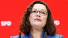 SPD leader Andrea Nahles said she was standing down after a bruising parliamentary party meeting last week showed “that the necessary backing is not there to perform my duties”. Photograph: Michele Tantussi/Reuters