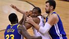 Kawhi Leonard gets crowded out during the Toronto Raptors’ defeat to Golden State Warriors. Photograph: Warren Toda/EPA 