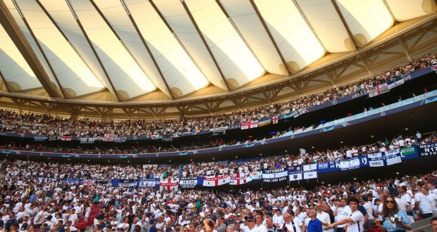 Tottenham Hotspur fans prior to the  Champions League Final at the Estadio Wanda Metropolitano in Madrid. Photograph: Robbie Jay Barratt/ AMA/Getty Images