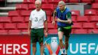 Ireland’s James McClean and manager Mick McCarthy during training ahead of their Euro 2020 qualifier clash with  Denmark. Photograph: Lee Smith/Reuters