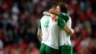 Ireland’s Shane Duffy and Jeff Hendrick celebrate at the final whistle in Copenhagen. Photograph: Ryan Byrne/Inpho