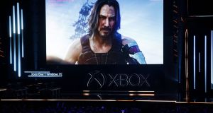 Actor Keanu Reeves of the Cyberpunk 2077 video game appears in a trailer during the Microsoft Xbox event ahead of the E3 trade show in LA. Photograph: Patrick T. Fallon/Bloomberg